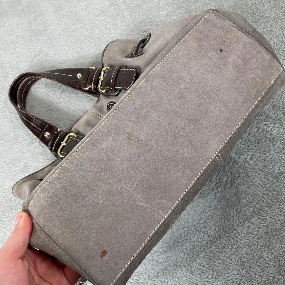 Dooney & Bourke Tote Bag Womens Gray Suede Brown Croc Leather Trim Buckle Hobo - Picture 3 of 13